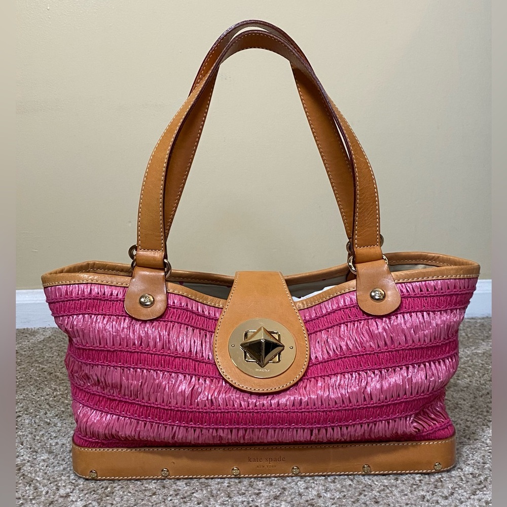 Kate Spade New York Fuchsia Rafia & Leather Trim Wood Bottom Shoulder Handbag